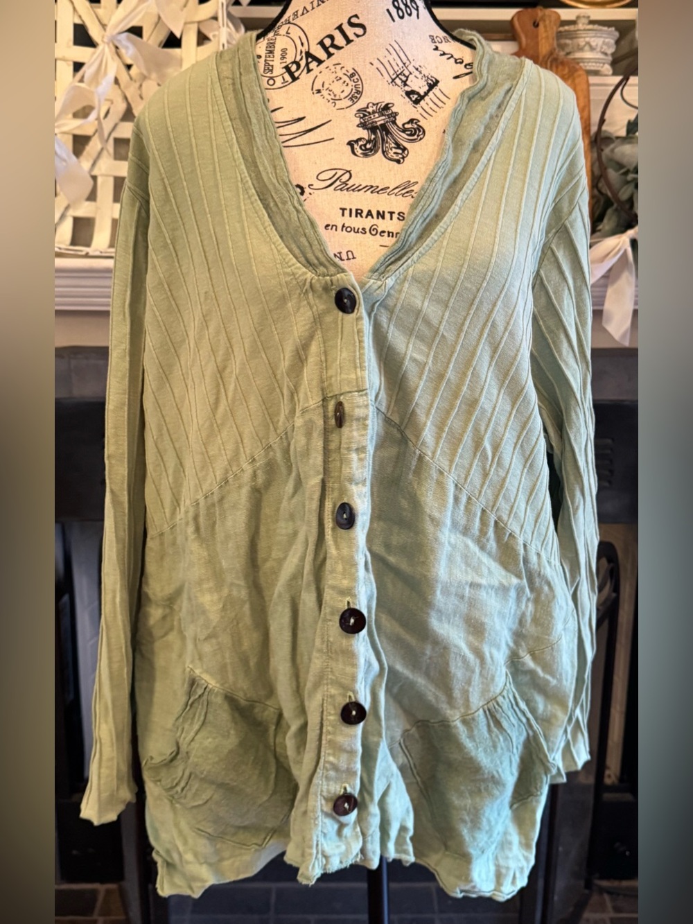 Fenini Sage Green Button Front Cardigan Tunic Top Lagenlook Gorpcore Beachy 2X